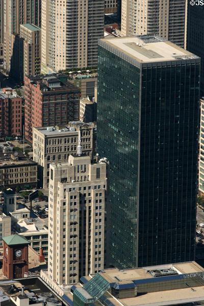 Black 321 North Clark (1987) (35 floors) by Skidmore, Owings & Merrill over LaSalle-Wacker Building (1930) (41 floors) by Holabird & Roche + Andrew N. Rebori (221 North LaSalle St.) from Sears Tower. Chicago, IL.