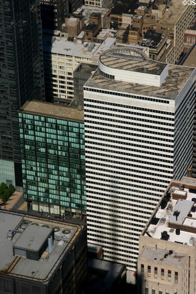 Blue Inland Steel & white 55 West Monroe (former Xerox) buildings from Sears Tower. Chicago, IL.