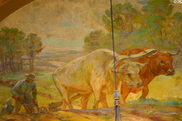 Mural of oxen pulling plow at Illinois State Capitol. Springfield, IL.