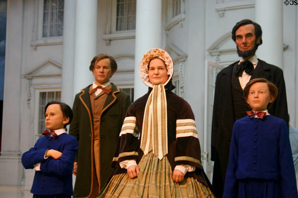 Lincoln family replicas posed before white house at Abraham Lincoln Presidential Museum. Springfield, IL.