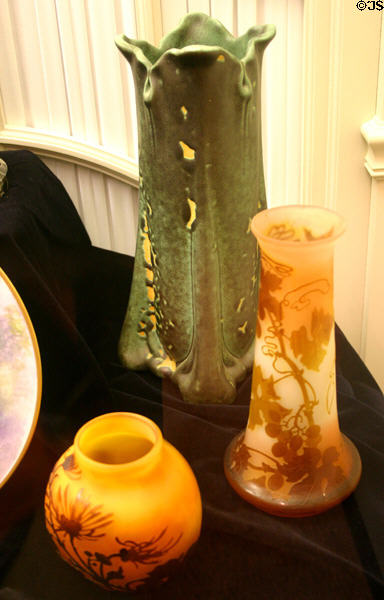 French Art Nouveau vases (1900-10) (two front by Émile Gallé) at Illinois State Museum. Springfield, IL.