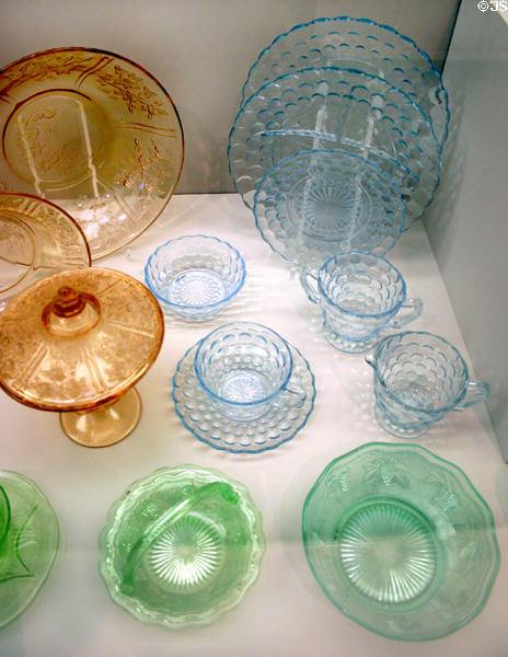 Pressed colored glass dinnerware (1930s) at Illinois State Museum. Springfield, IL.
