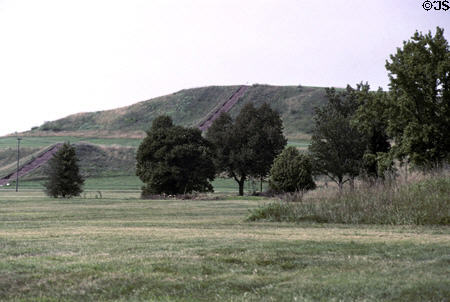 Monks Mound (900-1200 CE), largest dirt pyramid in America at Cahokia Mounds World Heritage Site. IL. On National Register.