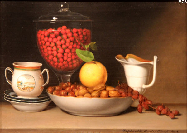 Still Life with Strawberries, Nuts, etc. painting (1811) by Raphaelle Peale at Art Institute of Chicago. Chicago, IL.