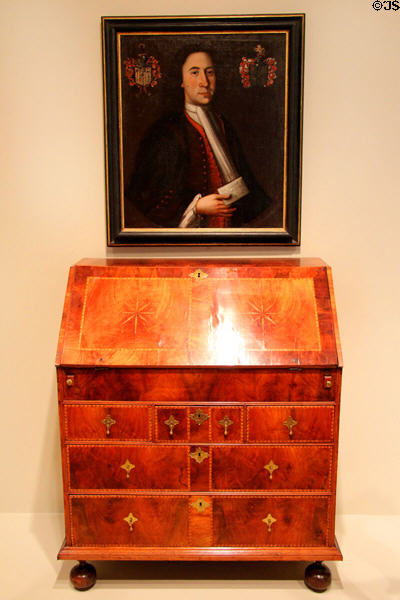 Dropfront desk (1700-35) from Boston, MA with portrait of Henry Gibbs (c1721) by unknown at Art Institute of Chicago. Chicago, IL.