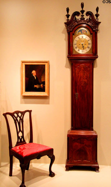 Tall case clock (1765-75) by John Wood, Jr of Philadelphia, PA beside side chair (1755-75) from Philadelphia & George Washington portrait (1793) by Edward Savage at Art Institute of Chicago. Chicago, IL.