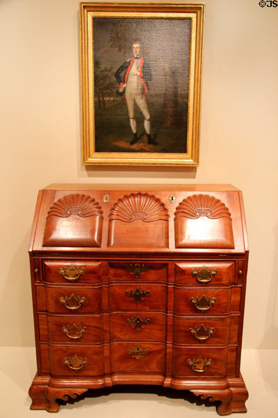 Desk (1775-90) attrib. Felix Huntington of Norwich, CT with Col. John Harleston portrait (1776) by Charles Willson Peale at Art Institute of Chicago. Chicago, IL.