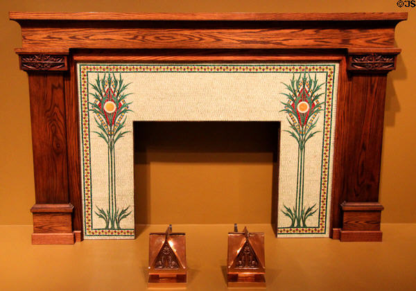 Mosaic fireplace surround (1901) by George Washington Maher & made by Louis J. Millet with brass andirons (1912) by George Grant Elmslie at Art Institute of Chicago. Chicago, IL.