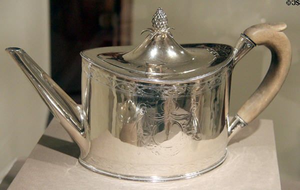 Silver teapot (1788-1805) by Daniel Van Voorhis of New York City at Art Institute of Chicago. Chicago, IL.