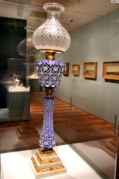 Double-plated kerosene lamp (c1865) by Boston & Sandwich Glass Co. of Sandwich, MA City at Art Institute of Chicago. Chicago, IL.