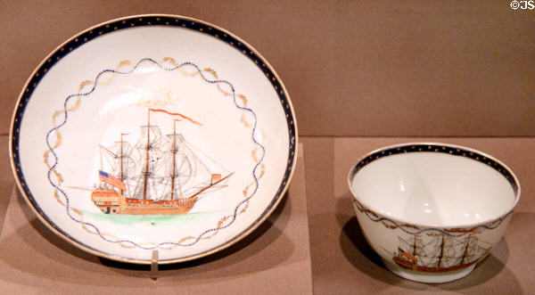 Chinese export porcelain tea bowl & dish (1784-95) with images of American sailing ships at Art Institute of Chicago. Chicago, IL.
