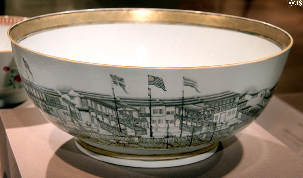 Chinese export porcelain punch bowl (c1800) with painting of foreign trading buildings (hongs) of Canton at Art Institute of Chicago. Chicago, IL.