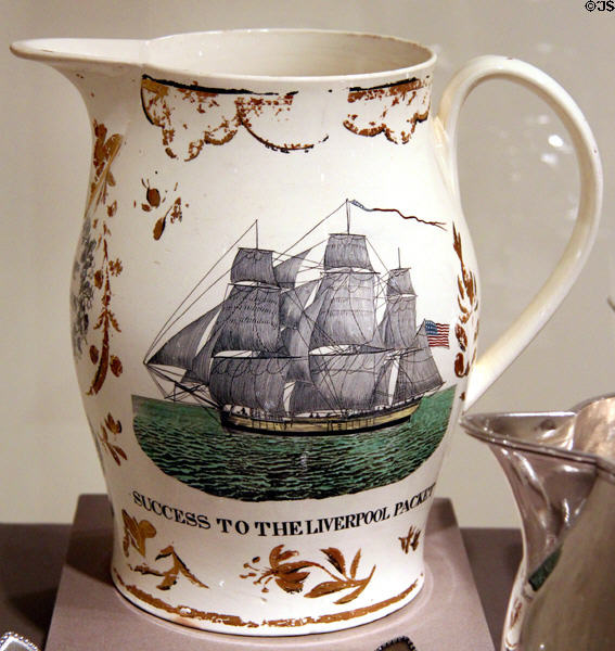 Earthenware jug 1800-5 with transfer print of American merchant sailing ship by Herculaneum Pottery of Liverpool, England at Art Institute of Chicago. Chicago, IL.