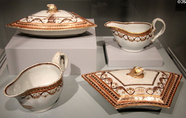 Chinese export porcelain sauce boats & tureens (c1800) with George Washington Memorial pattern at Art Institute of Chicago. Chicago, IL.