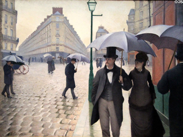 Paris Street; Rainy Day painting (1877) by Gustave Caillebotte at Art Institute of Chicago. Chicago, IL.