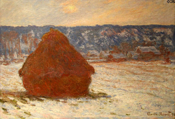 Stacks of Wheat (Snow Effect, Overcast Day) painting (1890-1) by Claude Monet at Art Institute of Chicago. Chicago, IL.