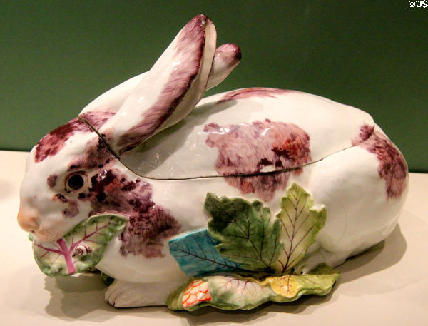 Soft-paste porcelain rabbit tureen (1755-6) by Chelsea Porcelain Manufactory of London, England at Art Institute of Chicago. Chicago, IL.
