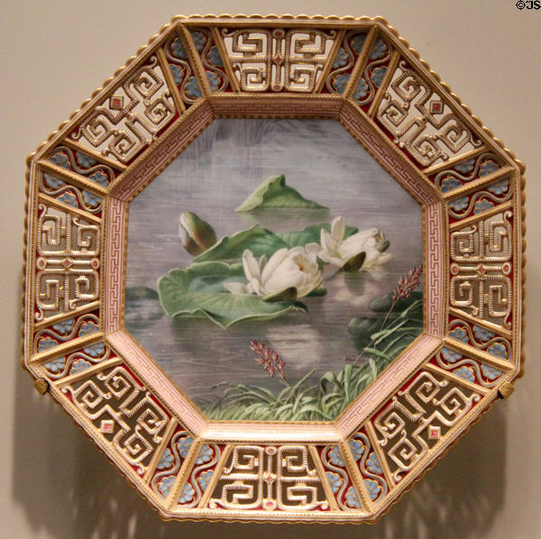Octagonal porcelain plate (c1885) painted with water lilies by Charles F. Hurten for Copeland Porcelain Factory of England at Art Institute of Chicago. Chicago, IL.