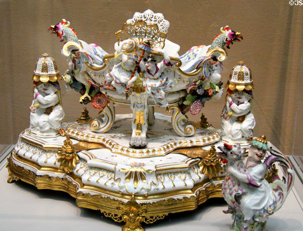 Porcelain centerpiece with oil or vinegar cruets (c1737) modeled by Johann Joachim Kändler for Meissen Porcelain Manufactory of Germany at Art Institute of Chicago. Chicago, IL.