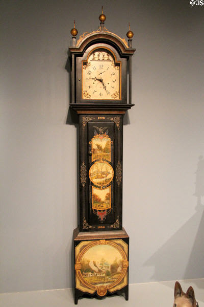 Tall case clock (case 1820; decoration 1884) by Silas Hoadley & painted by Uriah Dyer of Warren, ME at Art Institute of Chicago. Chicago, IL.