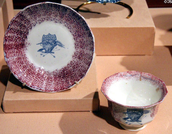 Earthenware (pearlware) tea bowl & dish with transfer decoration of American eagle (1810-25) prob. from Staffordshire, England at Art Institute of Chicago. Chicago, IL.