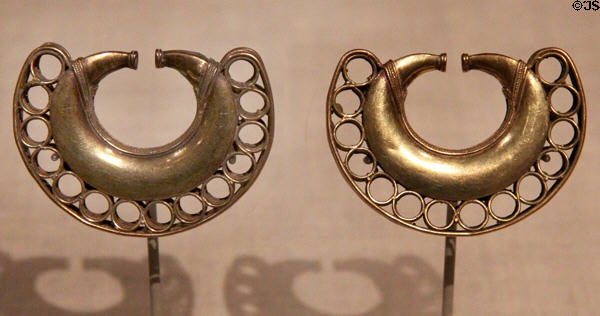 Tairona gold earrings (1000-1500) from Sierra Nevada de Santa Marta, Colombia at Art Institute of Chicago. Chicago, IL.
