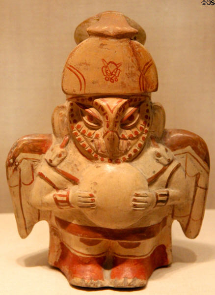 Moche ceramic vessel in form of owl impersonator (100 BCE-500 CE) from North Coast, Peru at Art Institute of Chicago. Chicago, IL.