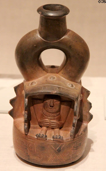 Chavín ceramic vessel with figure seated inside structure (c800 BCE) from North Coast, Peru at Art Institute of Chicago. Chicago, IL.