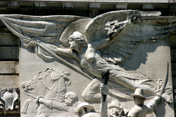 Winged flag bearer throwing lightning on Civil War Memorial. Indianapolis, IN.