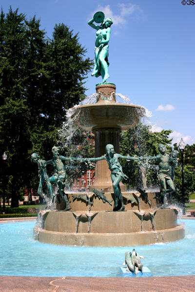 Fountain with bronze dancing children & fish in University Park. Indianapolis, IN.