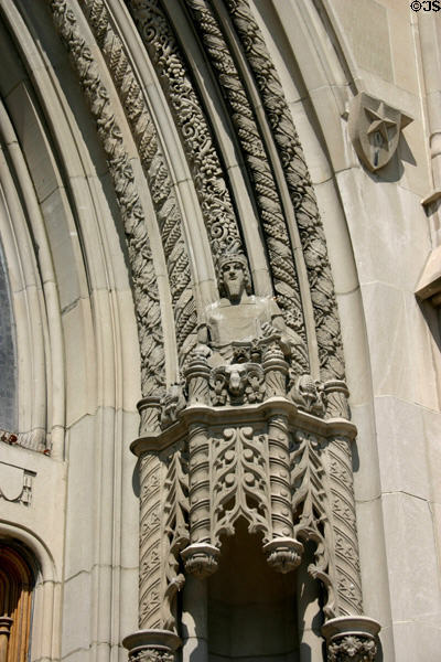 Carved stone decoration around door of Scottish Rite Cathedral. Indianapolis, IN.