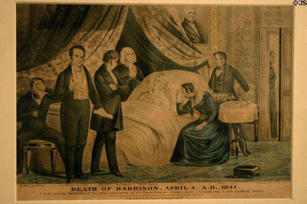 Engraving of death of President William Henry Harrison (April 4, 1841) at Benjamin Harrison Presidential Site. Indianapolis, IN.