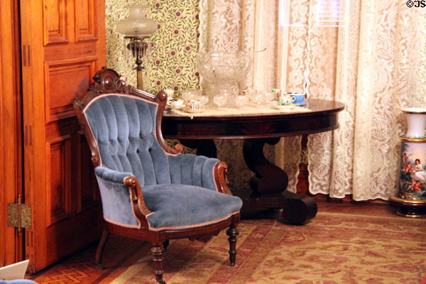 Parlor chair & table with punchbowl at Benjamin Harrison Presidential Site. Indianapolis, IN.