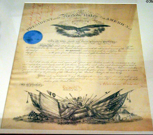 Civil War document (1865) appointment of rank signed by Abraham Lincoln at Benjamin Harrison Presidential Site. Indianapolis, IN.