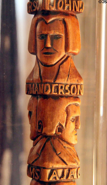 Carved walking stick with US Presidents at Benjamin Harrison Presidential Site. Indianapolis, IN.