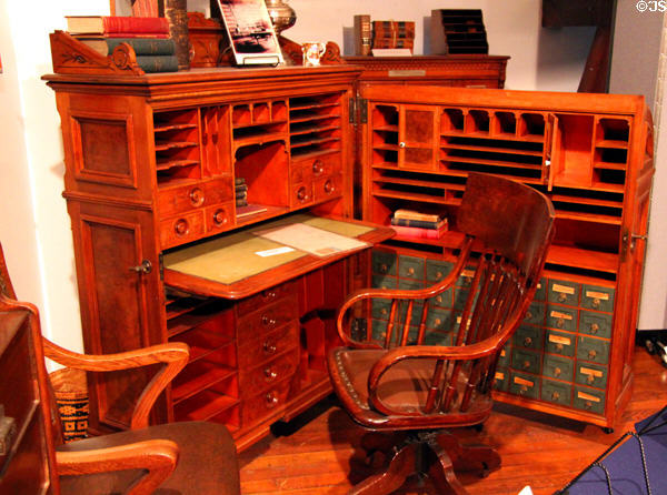 Harrison's law office swing-open desk with storage drawers made by worker of Wooten workshop who went independent at Benjamin Harrison Presidential Site. Indianapolis, IN.