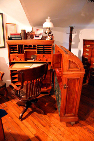 Swing-open desk with storage drawers used by Harrison in his downtown Indianapolis office at Benjamin Harrison Presidential Site. Indianapolis, IN.