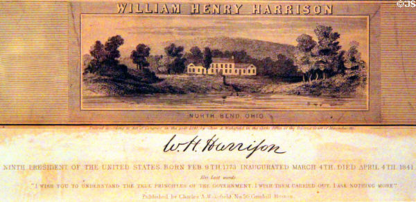 Detail of poster of life of President William Henry Harrison showing North Bend, Ohio home at Benjamin Harrison Presidential Site. Indianapolis, IN.
