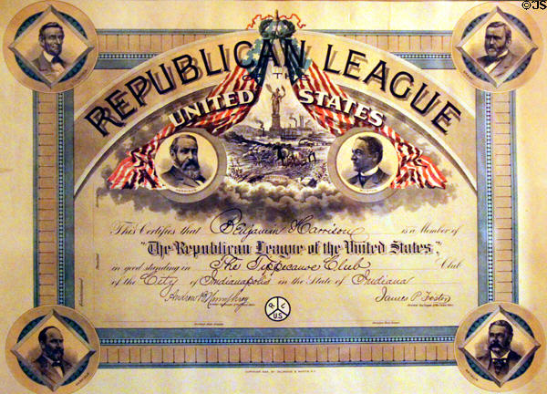 Benjamin Harrison's Grand Army of the Republic (GAR) membership certificate (1888) at Benjamin Harrison Presidential Site. Indianapolis, IN.