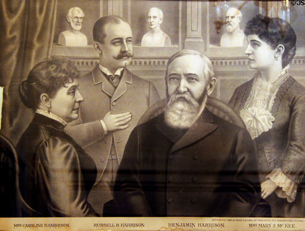 Graphic of Benjamin Harrison with his wife Caroline, son Russell & daughter Mrs. Mary S. McKee at Benjamin Harrison Presidential Site. Indianapolis, IN.