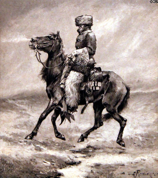 Line Riding in Winter painting (c1888) by Frederic Sackrider Remington at Eiteljorg Museum. Indianapolis, IN.
