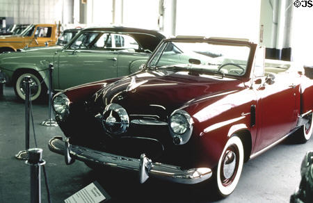 1950 red Studebaker Champion Convertible & 1952 Commander Starliner at Studebaker Museum. South Bend, IN.