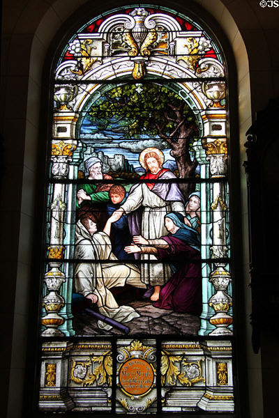 Christ the healer stained-glass window (1908) by Von Gerichten Art Glass of Columbus in Old Cathedral. Vincennes, IN.