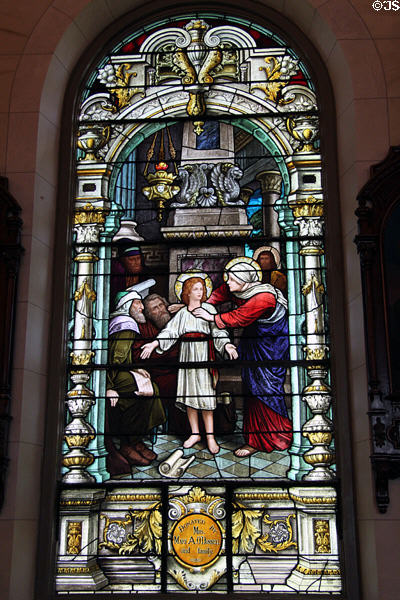 Christ in the temple stained-glass window (1908) by Von Gerichten Art Glass of Columbus in Old Cathedral. Vincennes, IN.