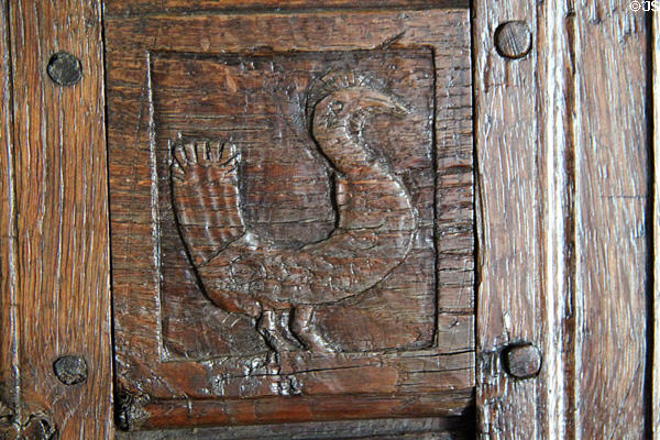 Coq carved on door of lit-clos cabinet bed in Old French House. Vincennes, IN.