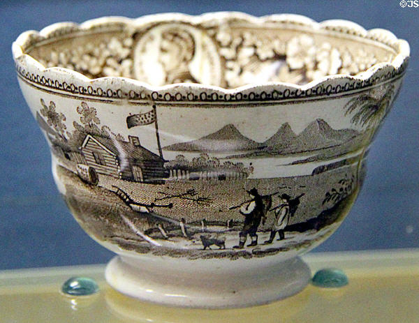 Campaign log cabin bowl with W.H. Harrison portraits inside at Grouseland. Vincennes, IN.