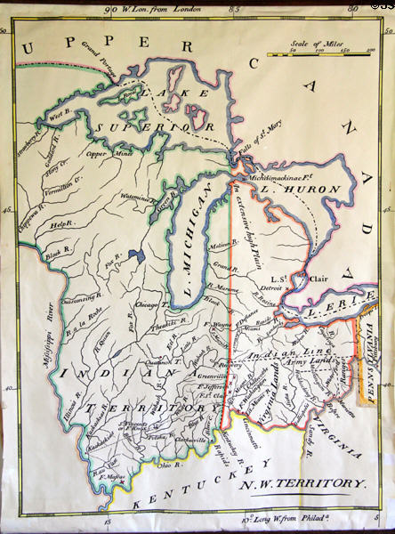 Map of Indiana Territory (c1800) bounded by Ohio River, Mississippi River & Great Lakes in Jefferson Academy. Vincennes, IN.