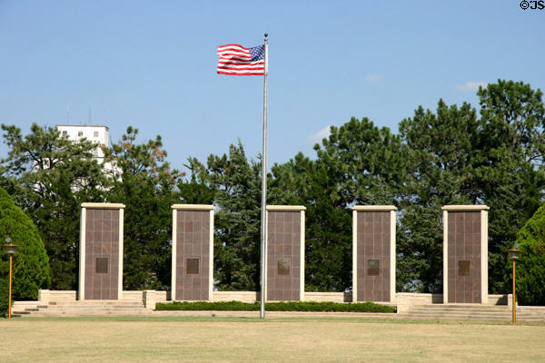 Pylons memorial to Eisenhower's parents, brothers, military personnel, civilians & democracy on grounds of Eisenhower Library. Abilene, KS.