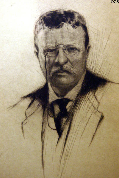 Engraving of Teddy Roosevelt probably by Josef Pierre Nuyttens at Eisenhower Museum. Abilene, KS.