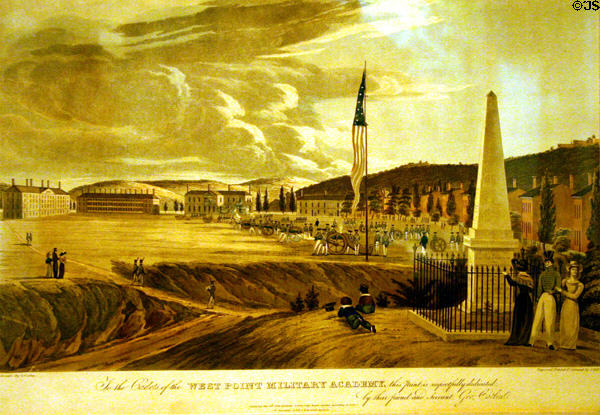 Engraving of West Point Military Academy (1828) by George Catlin at Eisenhower Museum. Abilene, KS.
